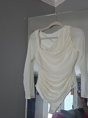 Shapellx Ivory Asymmetrical  Draped Long-Sleeve Bodysuit 3 Colors!